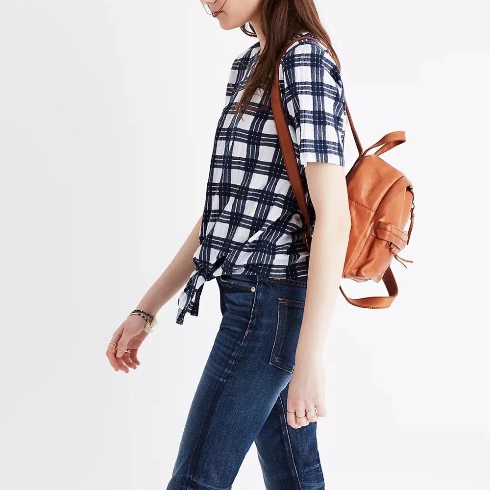 Madewell Blue Plaid Tie Front Buttons Down Blouse Top - Picture 5 of 12
